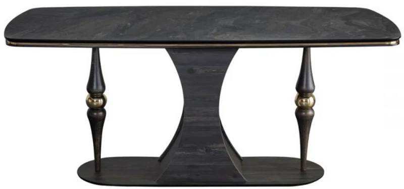 Casa Padrino Luxus Art Deco Esstisch Grau / Schwarz / Messingfarben 183 x 92 x H. 77 cm - Edler Esszimmertisch mit Glasplatte in Marmoroptik - Art Deco Esszimmer Möbel