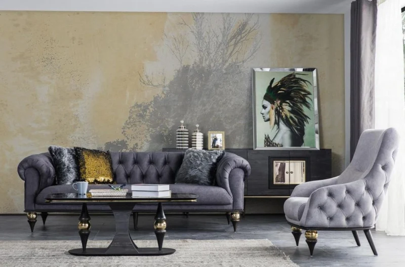 Casa Padrino Luxus Art Deco Chesterfield Wohnzimmer Sofa Dunkelgrau / Schwarz / Messingfarben 230 x 100 x H. 82 cm - Luxus Möbel
