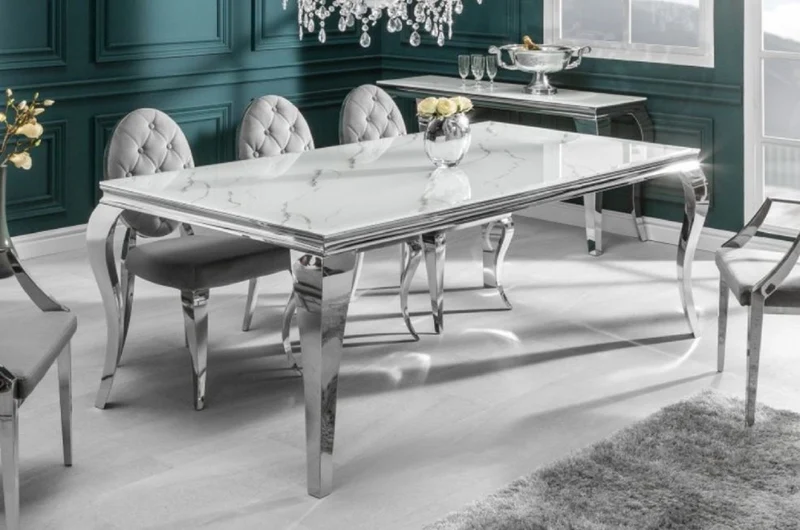 Casa Padrino Designer Esstisch Weiß / Grau / Silber 200 x 105 x H. 75 cm - Rechteckiger Edelstahl Küchentisch mit digitalbedrucktem Sicherheitsglas in Marmoroptik - Moderne Barock Möbel