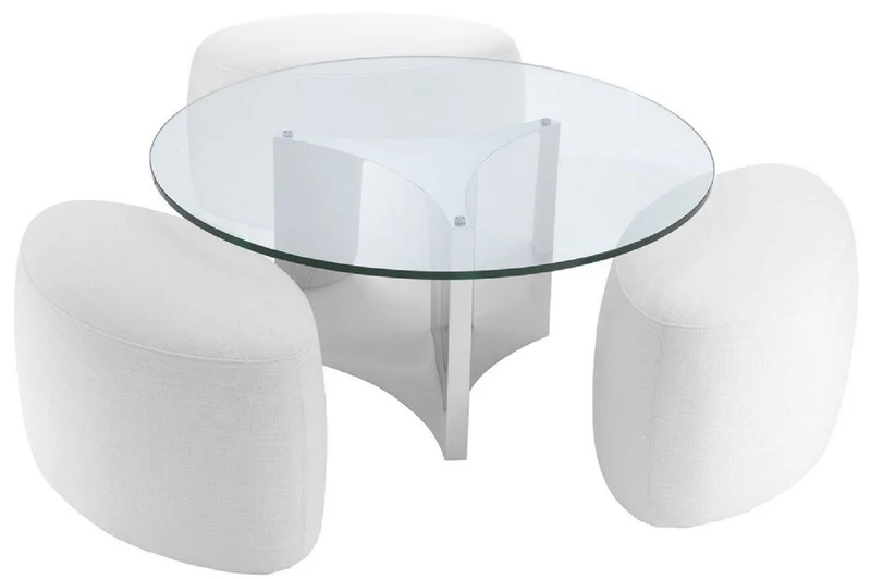 Casa Padrino Luxus Couchtisch Weiß / Silber Ø 104 x H. 46,5 cm - Runder Edelstahl Wohnzimmertisch mit Glasplatte und 3 eleganten Sitzhocker - Wohnzimmer Möbel - Luxus Möbel
