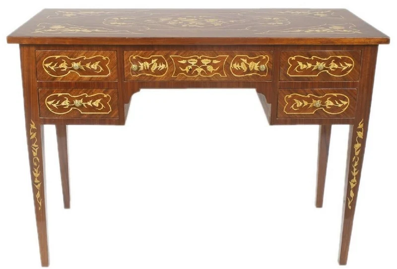 Casa Padrino Barock Schreibtisch Braun / Gold 120 x 60 x H. 80 cm - Handgefertigter Massivholz Bürotisch mit 5 Schubladen - Büro Möbel im Barockstil