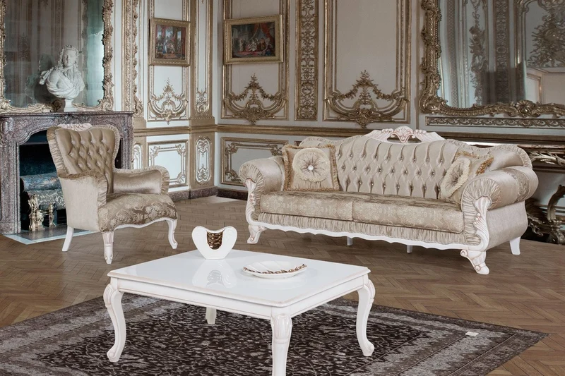 Casa Padrino Barock Sofa Braun / Weiß / Beige 230 x 84 x H. 100 cm - Prunkvolles Wohnzimmer Sofa mit Glitzersteinen - Barockstil Möbel