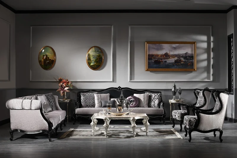 Casa Padrino Luxus Barock Ohrensessel Silber / Schwarz 77 x 85 x H. 110 cm - Wohnzimmer Sessel mit edlem Muster - Barock Möbel