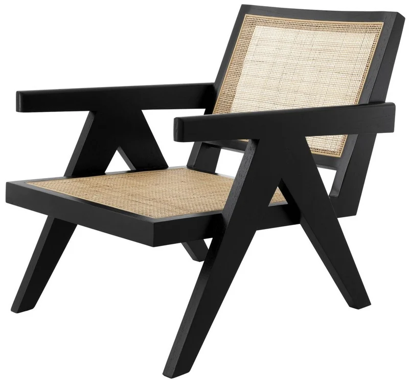 Casa Padrino Designer Stuhl Schwarz / Naturfarben 58 x 82 x H. 70 cm - Massivholz Stuhl mit Armlehnen und handgewebtem Rattangeflecht - Luxus Wohnzimmer Möbel