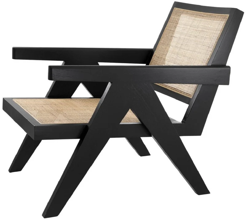 Casa Padrino Designer Stuhl Schwarz / Naturfarben 58 x 82 x H. 70 cm - Massivholz Stuhl mit Armlehnen und handgewebtem Rattangeflecht - Luxus Wohnzimmer Möbel