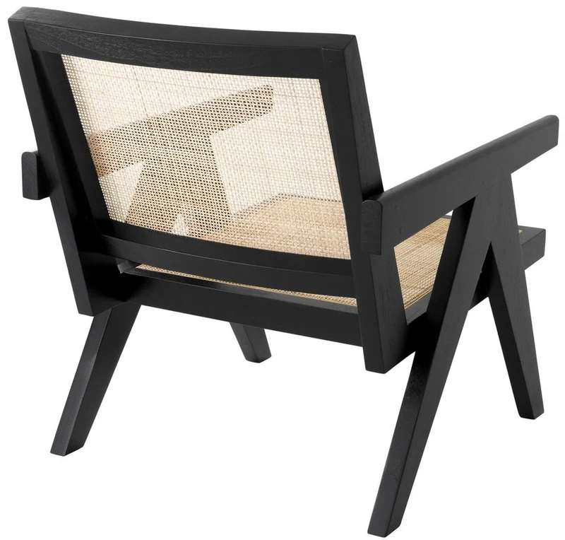 Casa Padrino Designer Stuhl Schwarz / Naturfarben 58 x 82 x H. 70 cm - Massivholz Stuhl mit Armlehnen und handgewebtem Rattangeflecht - Luxus Wohnzimmer Möbel