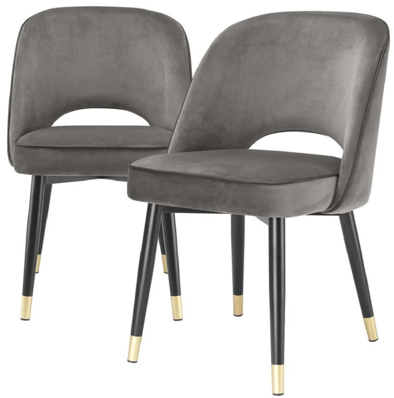 Casa Padrino Luxus Esszimmerstuhl Set Grau / Schwarz / Messing 53 x 56 x H. 84 cm - Esszimmerstühle mit edlem Samtstoff - Esszimmer Möbel