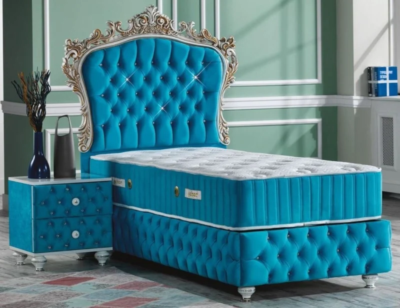 Casa Padrino Barock Schlafzimmer Set Türkis / Weiß / Silber / Antik Gold - Prunkvolles Einzelbett mit Nachttisch - Schlafzimmer Möbel im Barockstil