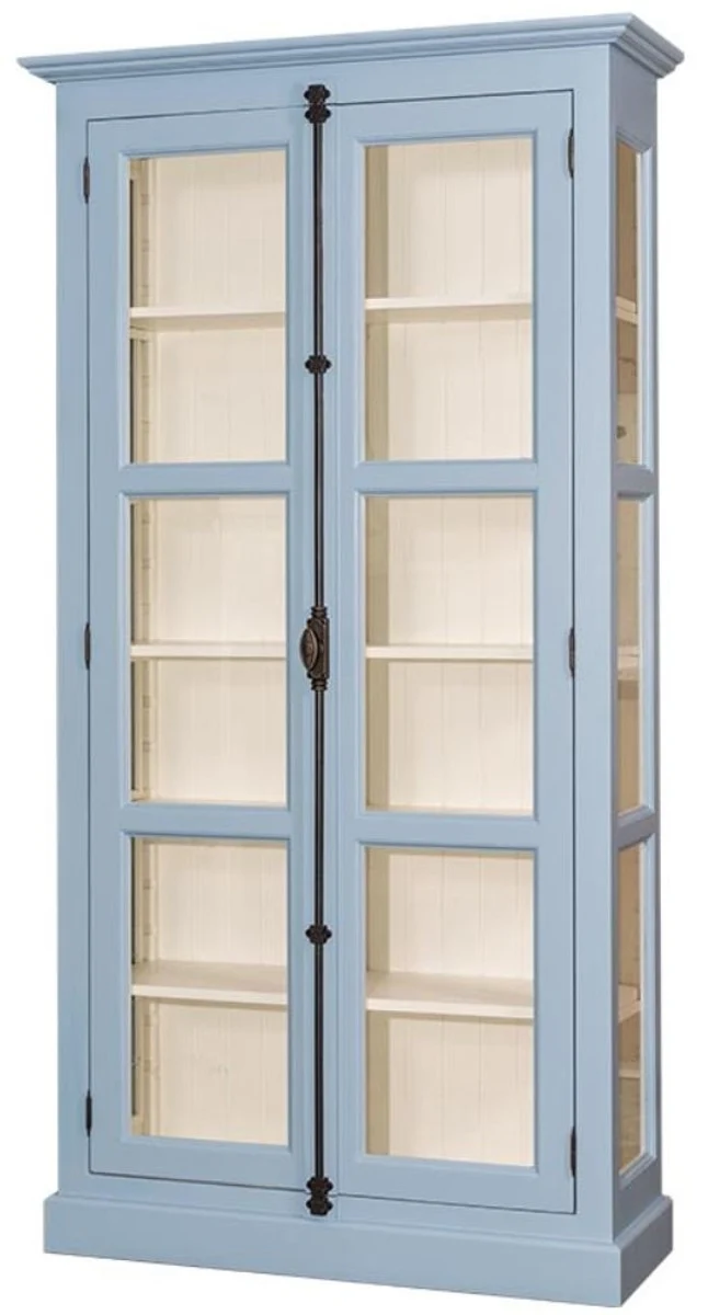 Casa Padrino Landhausstil Vitrine Hellblau / Cremefarben 109 x 40 x H. 210 cm - Massivholz Schrank mit 2 Glastüren - Vitrinenschrank - Landhausstil Möbel