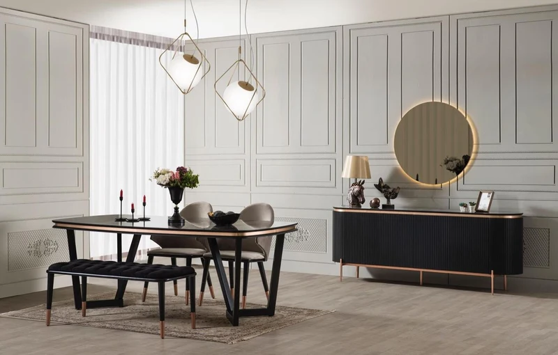 Casa Padrino Luxus Esszimmer Set Grau / Schwarz / Kupferfarben - 1 Esszimmertisch & 4 Esszimmerstühle & 1 Sitzbank - Luxus Esszimmer Möbel