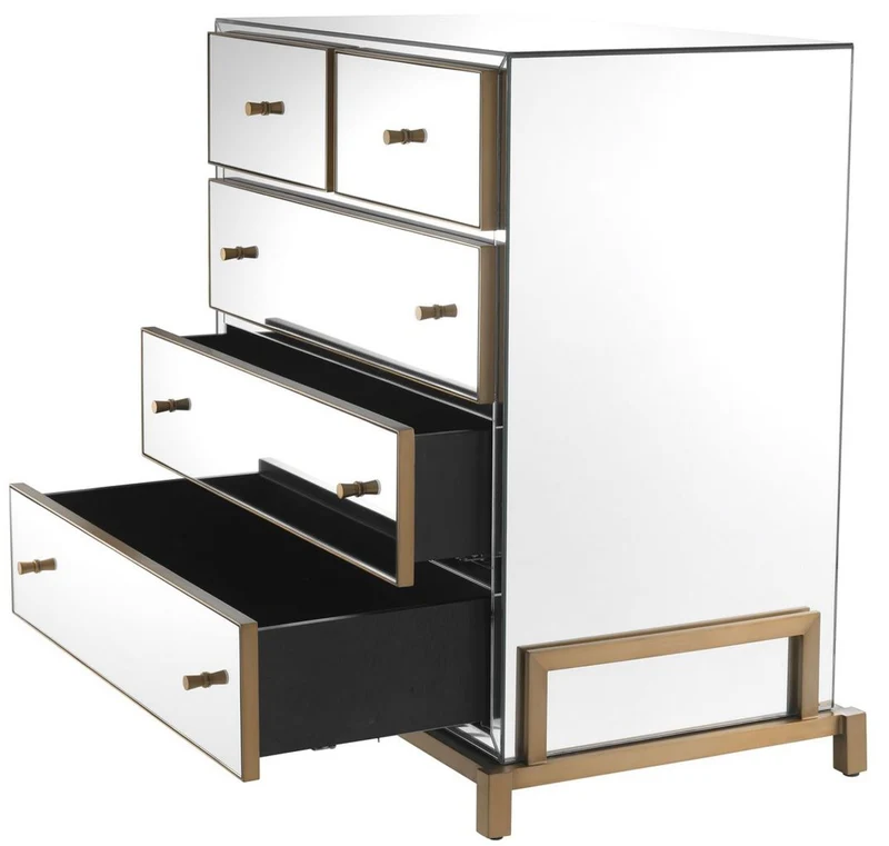 Casa Padrino Luxus Spiegelglas Kommode mit 5 Schubladen Messingfarben 88,5 x 52 x H. 87,5 cm - Verspiegelter Schlafzimmer Schrank - Schlafzimmer Möbel