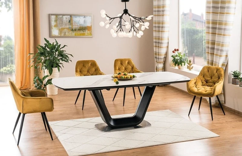 Casa Padrino Luxus Esstisch Weiß / Schwarz / Silber 160-220 x 90 x H. 76 cm - Ausziehbarer Küchentisch mit Tischplatte in Marmoroptik - Luxus Esszimmer Möbel