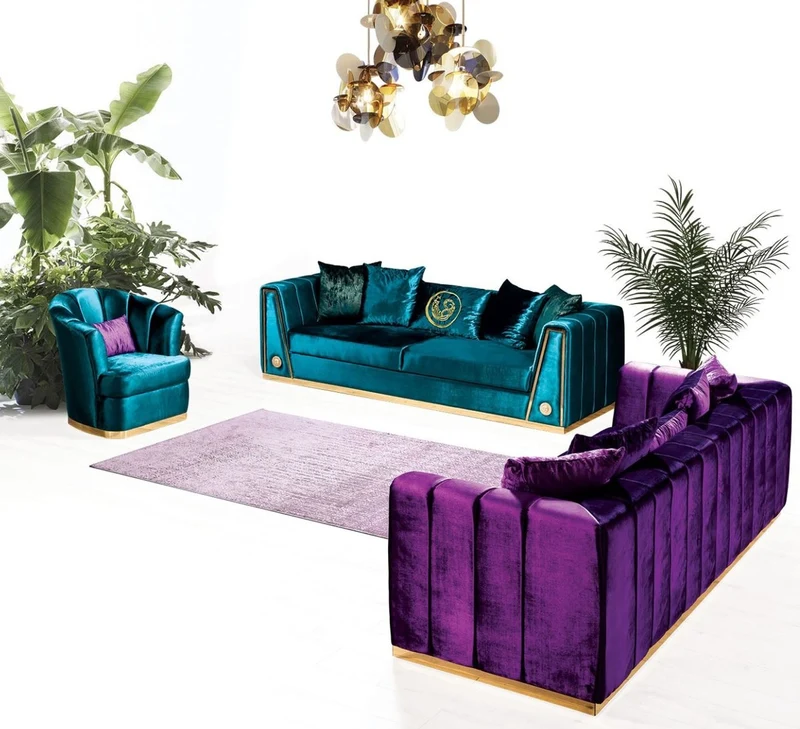 Casa Padrino Luxus Couch Lila / Gold 260 x 90 x H. 76 cm - Edles Wohnzimmer Sofa mit dekorativen Kissen - Luxus Möbel