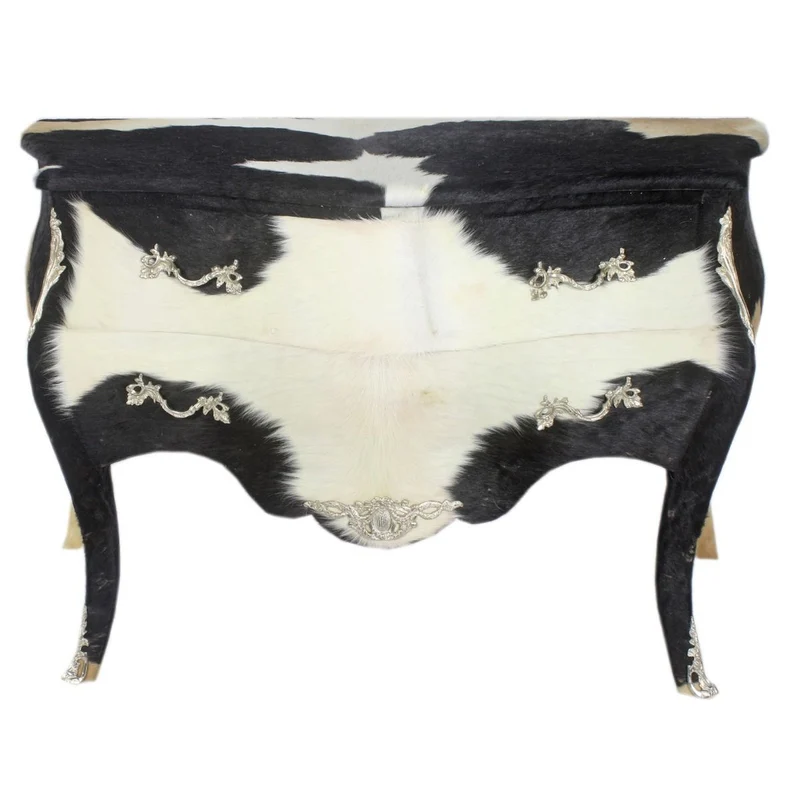 Casa Padrino Barock Kuhfell Kommode Schwarz / Weiß mit silbernen Metallapplikationen 120 cm - Antik Stil Möbel