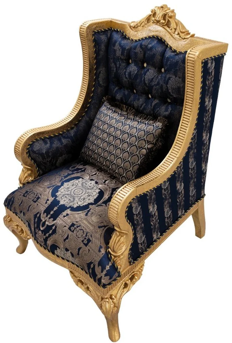 Casa Padrino Luxus Barock Ohrensessel mit Glitzersteinen und dekorativem Kissen Dunkelblau / Gold 86 x 90 x H. 110 cm - Barock Wohnzimmer Sessel - Barock Möbel