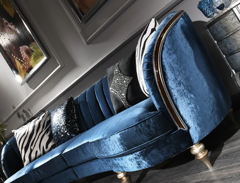Casa Padrino Luxus Barock Samt Sofa Blau / Antik Silber / Dunkelbraun 262 x 104 x H. 80 cm - Barock Möbel
