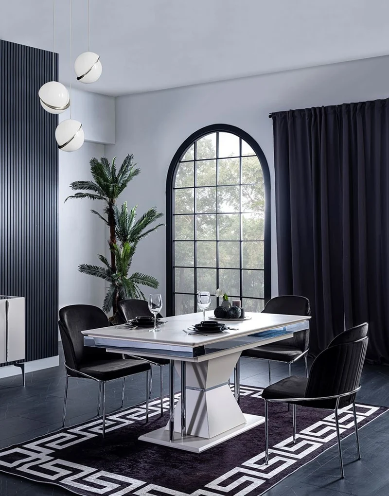 Casa Padrino Luxus Art Deco Esstisch Weiß / Grau / Silber 164 x 92 x H. 77 cm - Esszimmertisch - Küchentisch - Edle Art Deco Esszimmer Möbel
