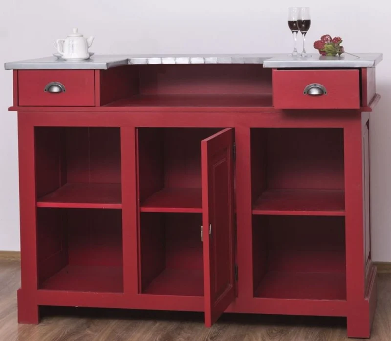 Casa Padrino Landhausstil Theke Rot / Silber 150 x 65 x H. 107 cm - Massivholz Thekentisch mit verzinkter Tischplatte - Barmöbel im Landhausstil