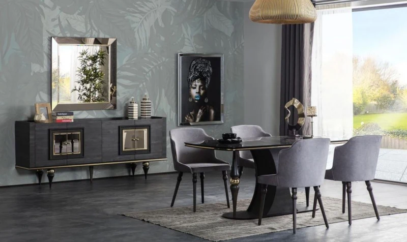 Casa Padrino Luxus Art Deco Sideboard Grau / Schwarz / Messingfarben 210 x 44 x H. 86 cm - Edler Schrank mit 4 Türen - Art Deco Möbel