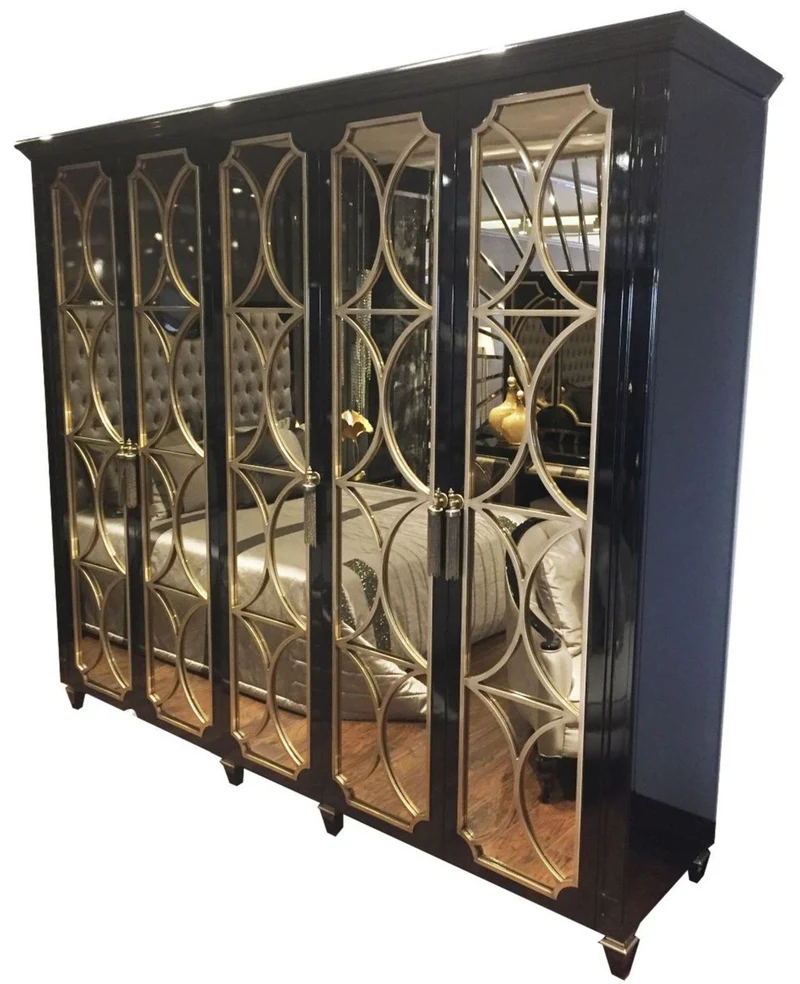Casa Padrino Luxus Barock Schlafzimmerschrank Schwarz / Gold 260 x 63 x H. 240 cm - Prunkvoller Kleiderschrank mit 5 verspiegelten Türen - Luxus Qualität