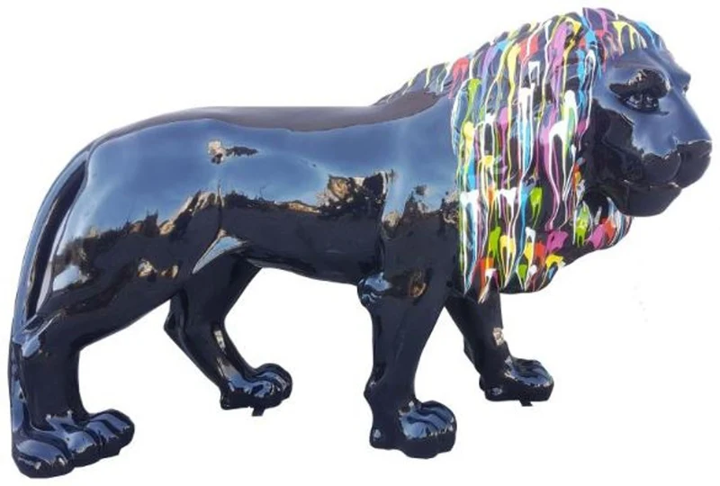 Casa Padrino Designer Dekofigur Löwe Schwarz / Mehrfarbig 190 x 61 x H. 140 cm - Riesige Lebensgroße Skulptur - Gartendeko