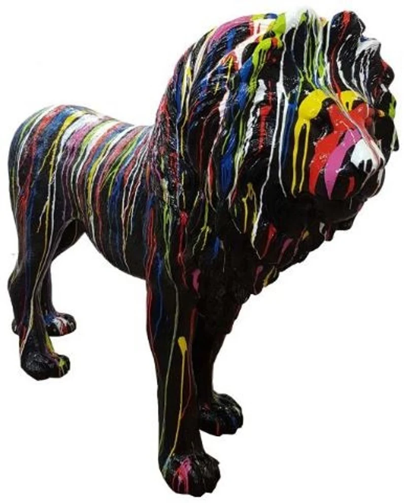 Casa Padrino Designer Dekofigur Löwe Schwarz / Mehrfarbig 190 x H. 140 cm - Riesige Lebensgroße Skulptur - Gartendeko