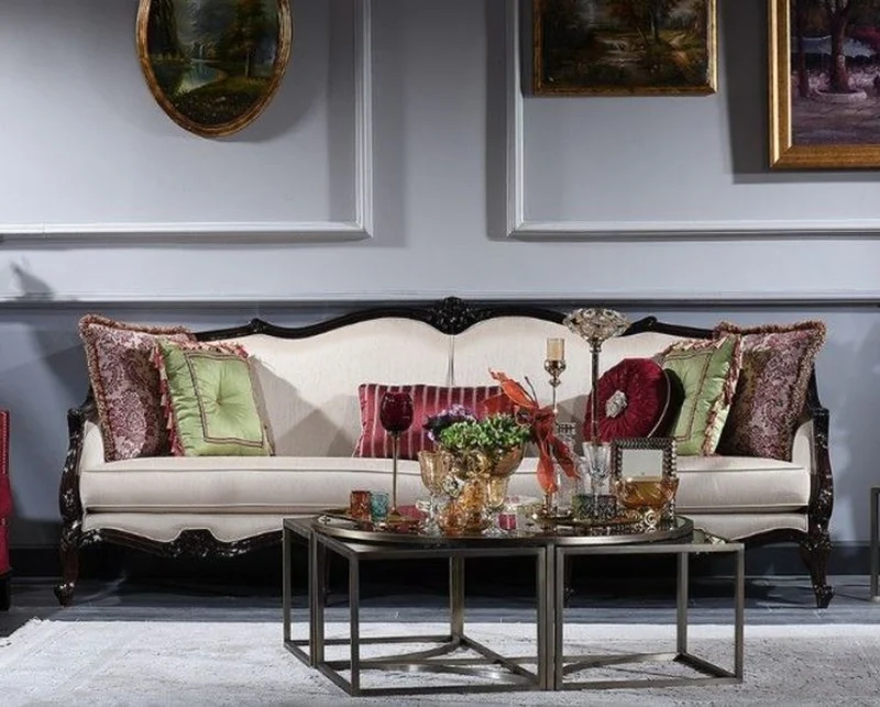 Casa Padrino Luxus Barock Sofa Creme / Braun 260 x 90 x H. 95 cm - Wohnzimmer Sofa im Barockstil - Barock Möbel