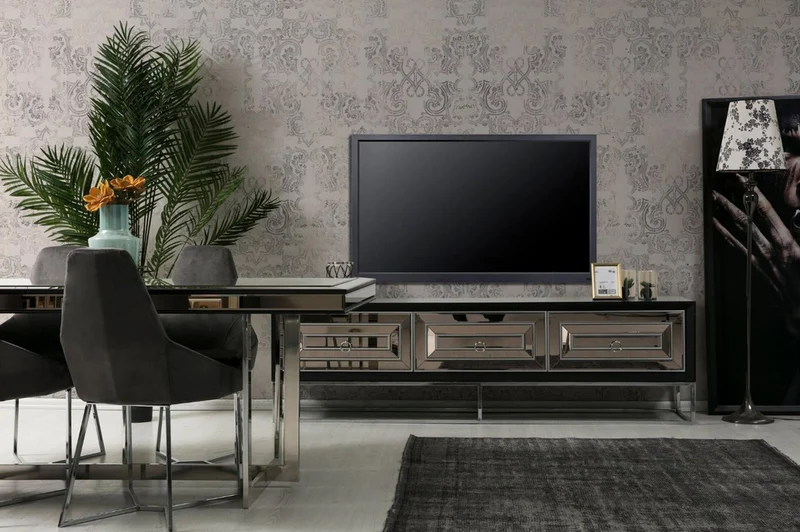 Casa Padrino Luxus TV Schrank mit 3 verspiegelten Schubladen Schwarz / Silber 220 x 49 x H. 64 cm - Wohnzimmer Möbel - Luxus Qualität