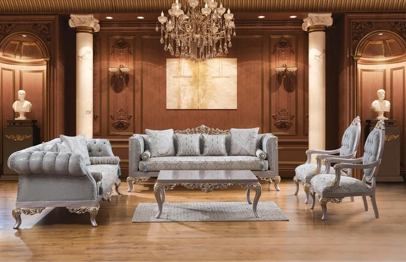 Casa Padrino Luxus Barock Wohnzimmer Set Türkis / Silber / Gold - 2 Sofas & 2 Sessel & 1 Couchtisch - Wohnzimmer Möbel im Barockstil - Edel & Prunkvoll