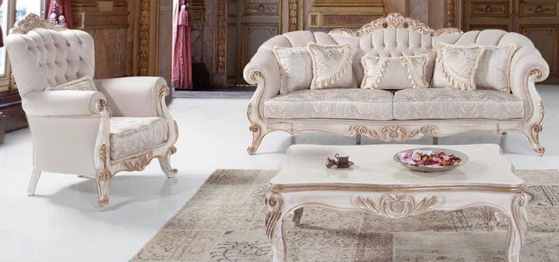 Casa Padrino Luxus Barock Wohnzimmer Set Hellgrau / Weiß / Antik Bronze - 2 Sofas & 2 Sessel & 1 Couchtisch - Wohnzimmer Möbel im Barockstil - Edel & Prunkvoll
