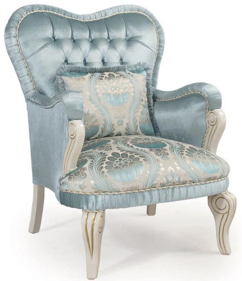 Casa Padrino Luxus Barock Sessel Türkis / Creme / Gold 76 x 82 x H. 104 cm - Wohnzimmer Sessel mit dekorativem Kissen