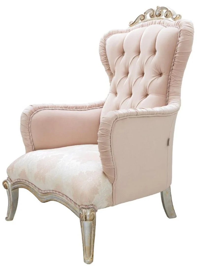 Casa Padrino Luxus Barock Wohnzimmer Set Rosa / Silber / Gold - 2 Sofas mit Kissen & 2 Sessel & 1 Couchtisch - Wohnzimmermöbel im Barockstil - Edle Barock Möbel