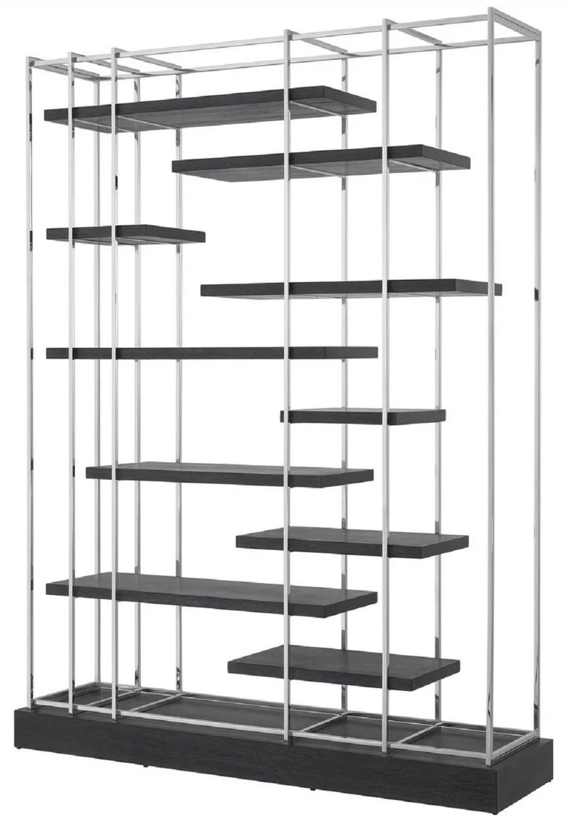 Casa Padrino Luxus Regalschrank Schwarz / Silber 166 x 45 x H. 222 cm - Wohnzimmerschrank - Luxus Möbel