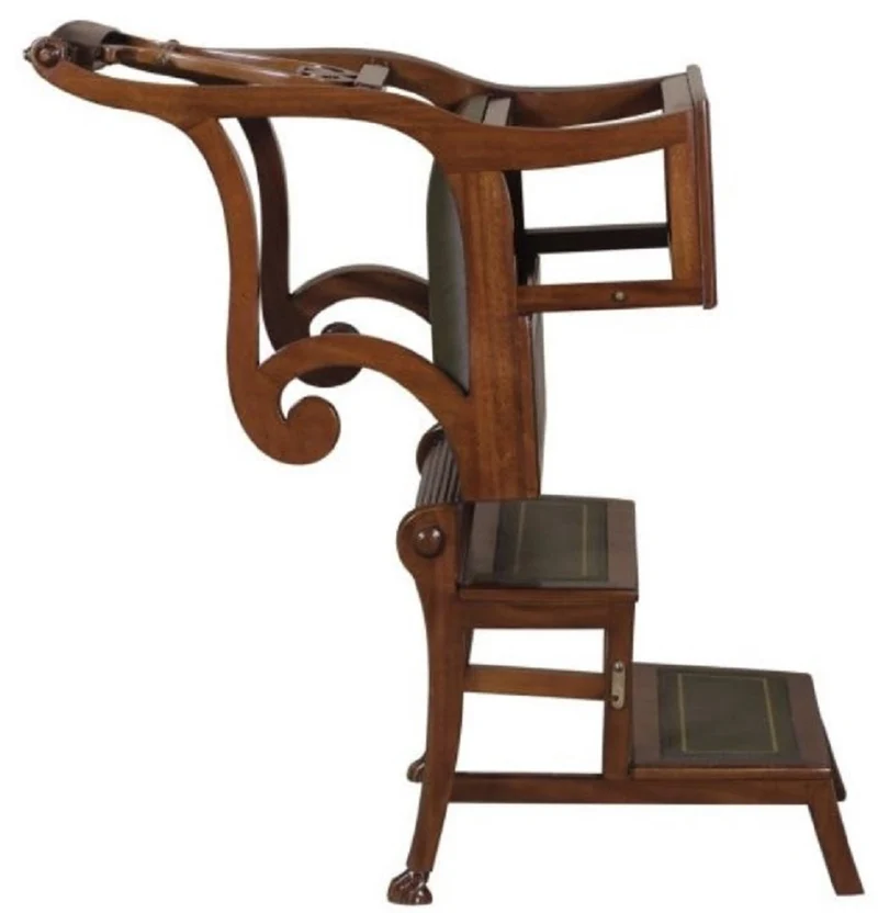 Casa Padrino Barock Leiterstuhl mit Echtleder Dunkelbraun / Grün 61,3 x 59,1 x H. 87,8 cm - Mahagoni Stuhl mit Armlehnen - Barockmöbel