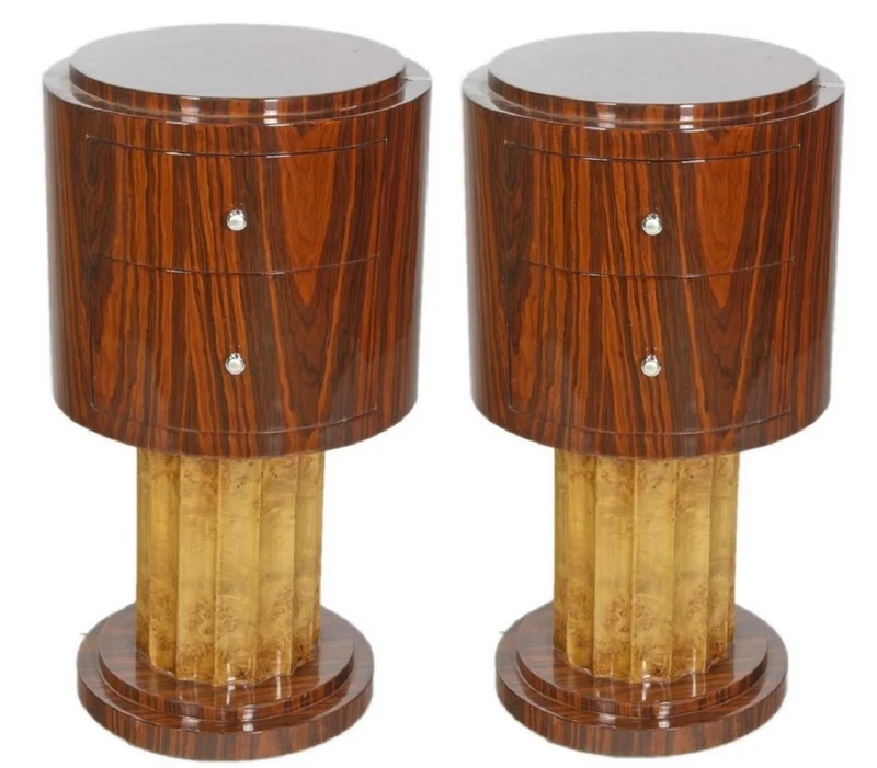 Casa Padrino Art Deco Beistelltisch Set Braun / Hellbraun Ø 40 x H. 75 cm - Runde Mahagoni & Wurzelholz Beistelltische mit 2 Schubladen