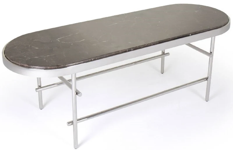 Casa Padrino Luxus Couchtisch Dunkelbraun / Silber 130 x 45 x H. 45 cm - Ovaler Wohnzimmertisch mit Marmorplatte und Edelstahl Gestell - Luxus Wohnzimmer Möbel