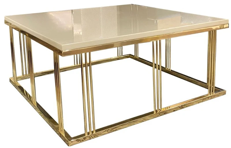 Casa Padrino Luxus Couchtisch Creme / Gold 100 x 100 x H. 45 cm - Quadratischer Wohnzimmertisch mit Glasplatte - Wohnzimmer Möbel