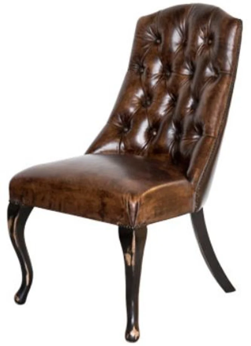Casa Padrino Chesterfield Esszimmerstuhl Vintage Dunkelbraun / Antik Schwarz - Edler Echtleder Stuhl - Chesterfield Möbel