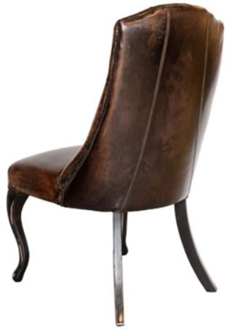 Casa Padrino Chesterfield Esszimmerstuhl Vintage Dunkelbraun / Antik Schwarz - Edler Echtleder Stuhl - Chesterfield Möbel