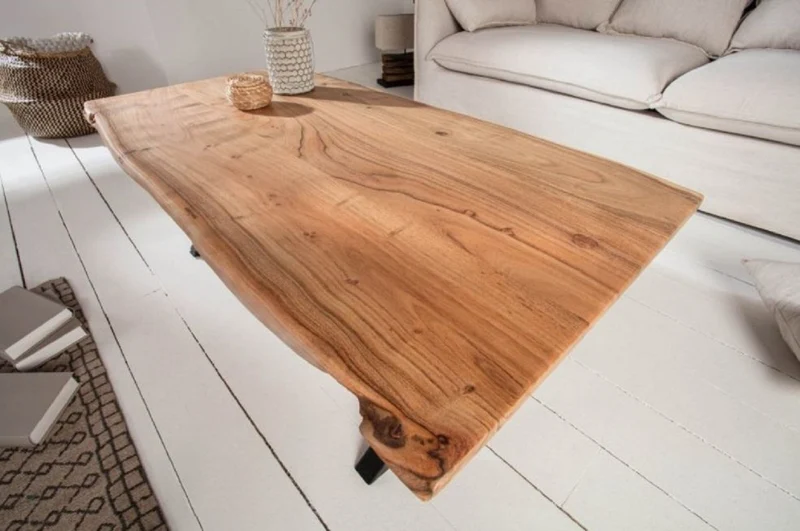 Casa Padrino Massivholz Couchtisch mit Metallbeinen Naturfarben / Schwarz 118 x 60 x H. 40 cm - Rechteckiger Wohnzimmertisch - Massivholz Wohnzimmer Möbel