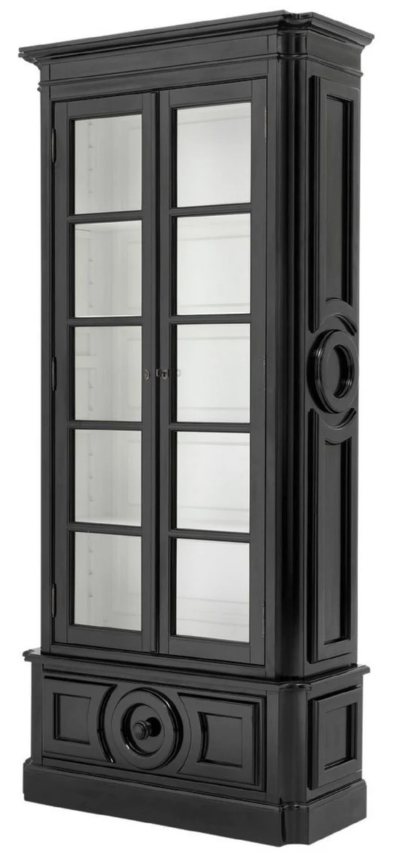 Casa Padrino Luxus Vitrine Schwarz / Weiß 113 x 46 x H. 240 cm - Massivholz Vitrinenschrank - Wohnzimmerschrank mit 2 Glastüren und Schublade - Luxus Qualität