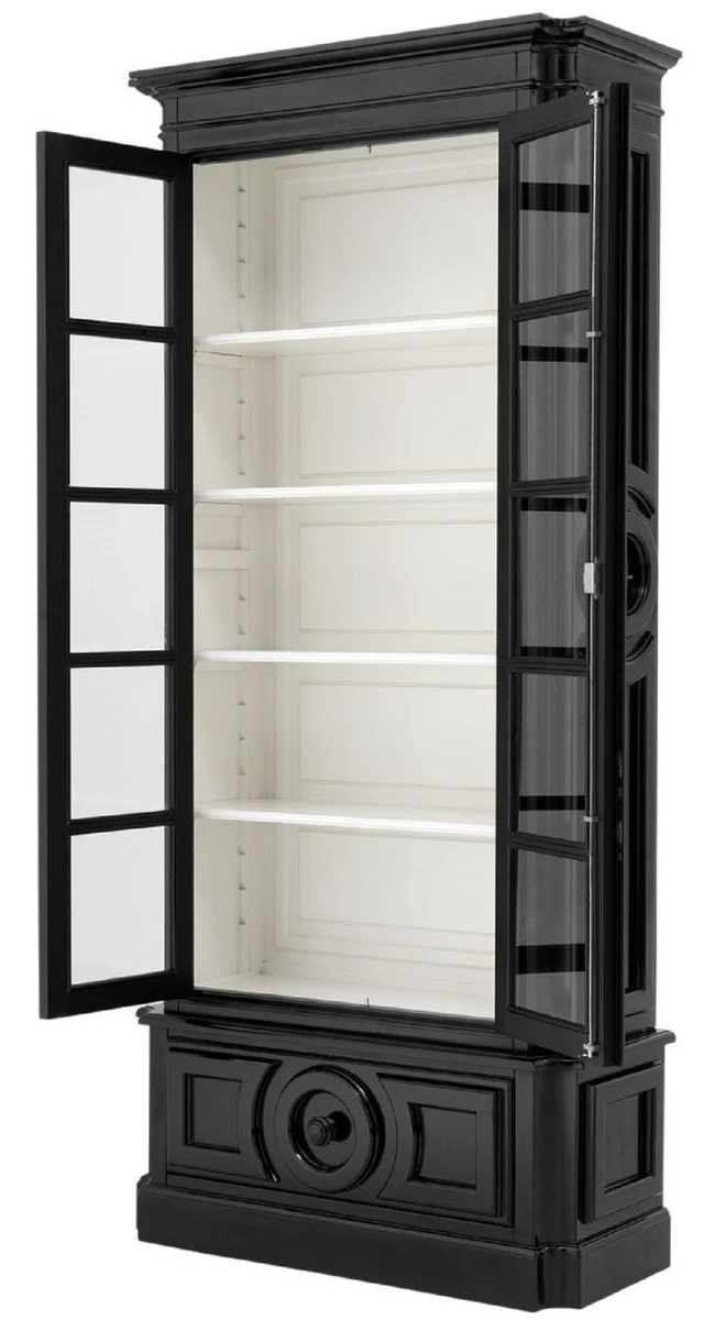 Casa Padrino Luxus Vitrine Schwarz / Weiß 113 x 46 x H. 240 cm - Massivholz Vitrinenschrank - Wohnzimmerschrank mit 2 Glastüren und Schublade - Luxus Qualität