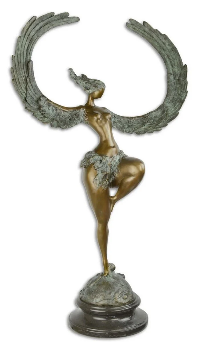 Casa Padrino Luxus Bronze Skulptur Frau mit Flügeln Bronze / Grau / Schwarz 49,7 x 23,8 x H. 90,4 cm - Bronzefigur mit Marmor Sockel