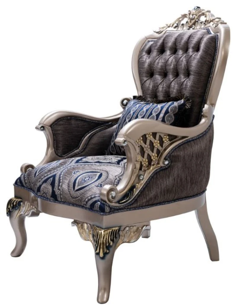 Casa Padrino Luxus Barock Wohnzimmer Set Blau / Silber / Gold - 2 Sofas & 2 Sessel & 1 Couchtisch - Prunkvolle Barock Wohnzimmer Möbel