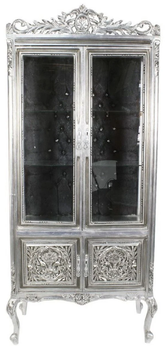 Casa Padrino Barock Vitrine Silber / Schwarz 100 x 40 x H. 170 cm - Prunkvoller Barock Vitrinenschrank mit 2 Glastüren wunderschönen Verzierungen und Glitzersteinen