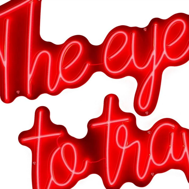 Casa Padrino Luxus LED Leuchtreklame The Eye Has To Travel Rot Neon 115 x 2 x H. 90 cm - LED Deko Schild - Luxus Wanddeko