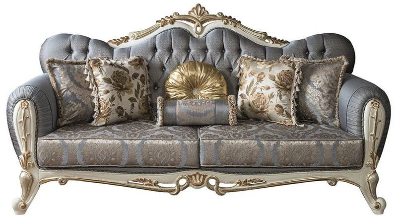 Casa Padrino Luxus Barock Wohnzimmer Sofa mit Glitzersteinen und dekorativen Kissen Blau / Weiß / Gold 220 x 85 x H. 110 cm - Edle Wohnzimmer Möbel im Barockstil