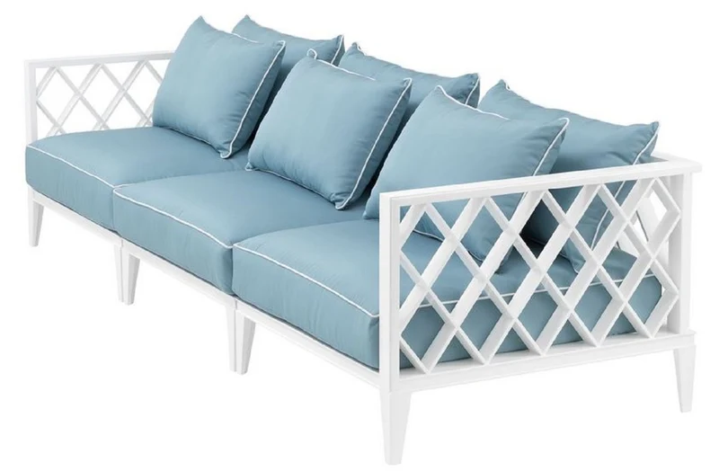 Casa Padrino Luxus Wohnzimmer Sofa mit Kissen Weiß / Hellblau 275,5 x 93 x H. 69 cm - Wohnzimmermöbel