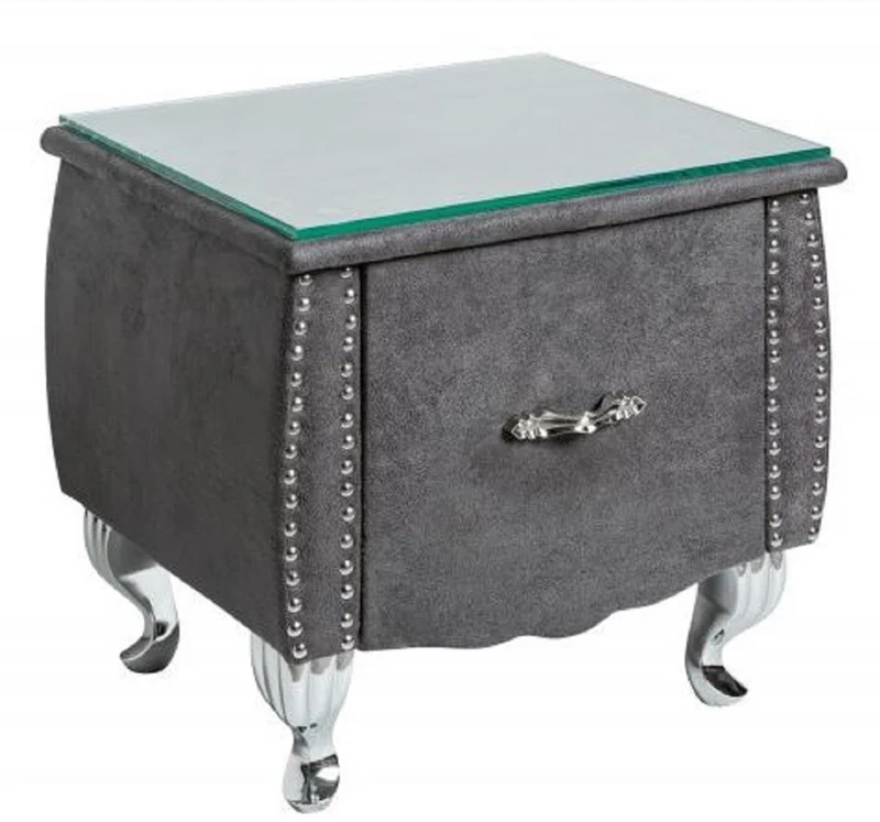 Casa Padrino Art Deco Nachttisch mit Schublade und Glasplatte Antik Grau / Silber 47 x 41 x H. 45 cm - Schlafzimmermöbel