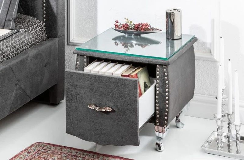 Casa Padrino Art Deco Nachttisch mit Schublade und Glasplatte Antik Grau / Silber 47 x 41 x H. 45 cm - Schlafzimmermöbel